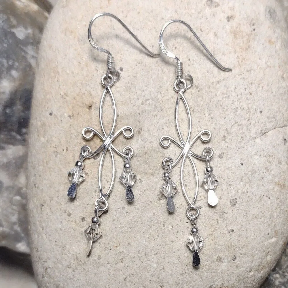.925 Sterling Silver Crystal  Scroll Dangle Earrings